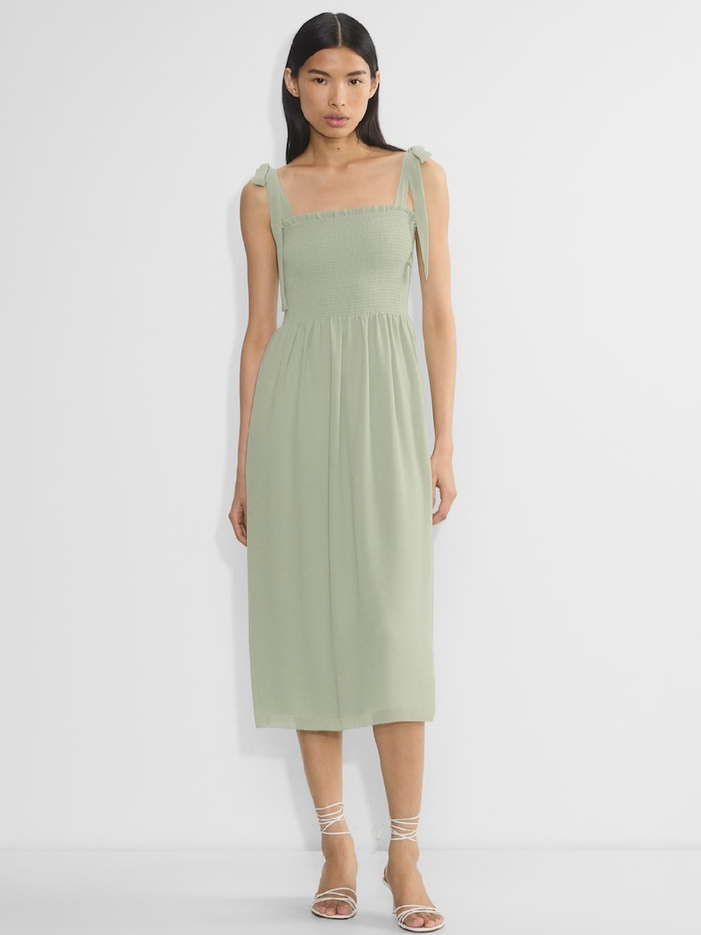 Wilfred Golden Hour Dress Sage Green Smocked Midi Dress with Tie Straps